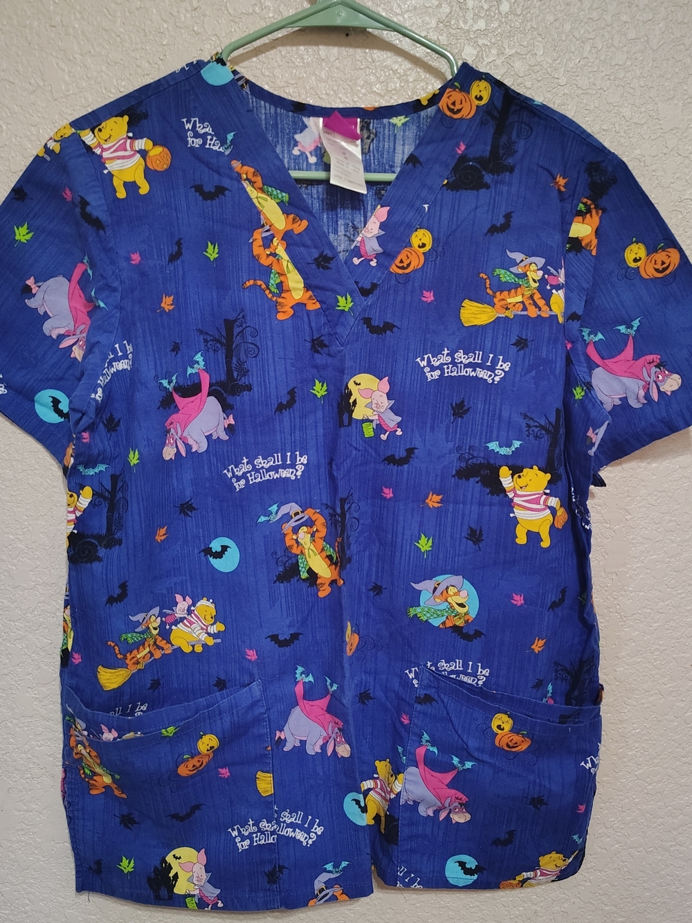 Disney Blue Halloween Winnie the Pooh & Friends Short Sleeve Scrub Top